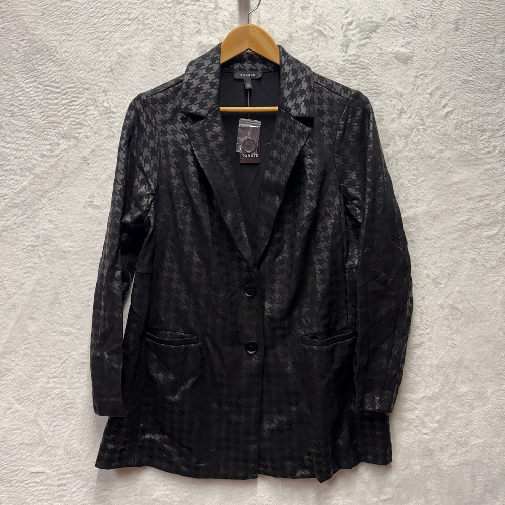 Torrid Studio Luxe Ponte Blazer Jacket Womens 0 Black Houndstooth Single Breaste